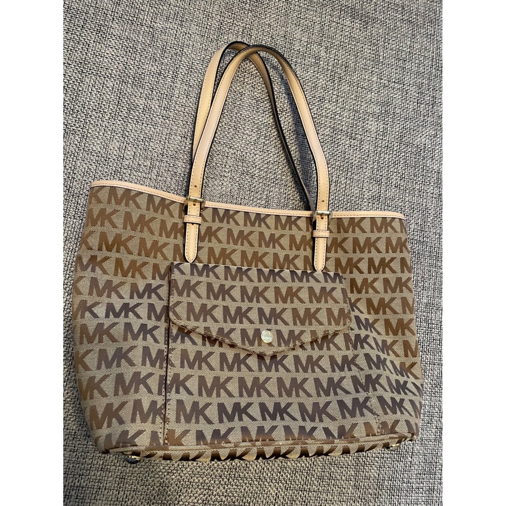 Michael Kors Monogram Tote Bag Brown Tan Signature MK Logo Shoulder Bag